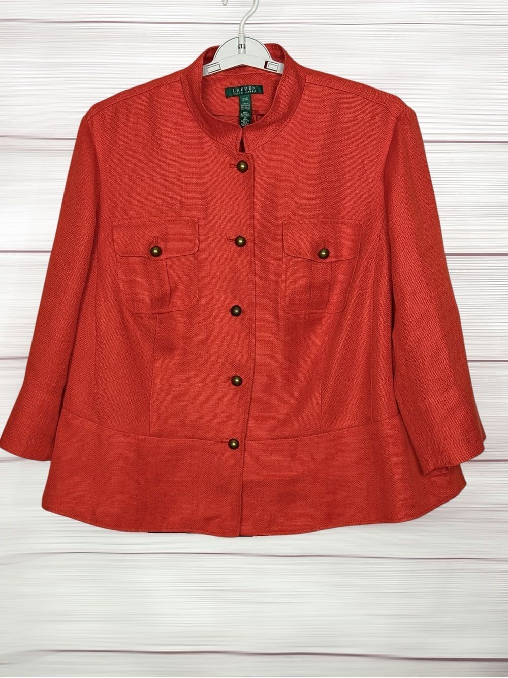 Lauren Ralph Lauren Linen Jacket 22W Tomato Red Mandarin Collar Utility Pockets